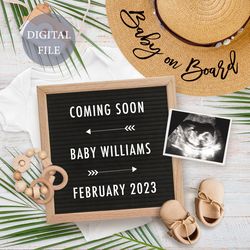 Personalised summer digital pregnancy announcement for social media,  baby on board