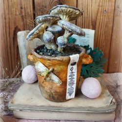 Spun cotton oyster mushroom ornament. Lucky mushroom standing statue. Mushroom rustic art. Handmade fungi rustic gift.