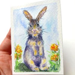 Rabbit painting original watercolor art pet portrait purple rabbit ACEO
