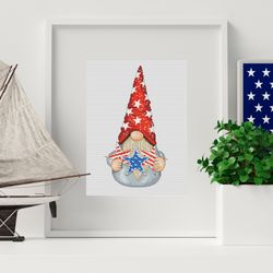 Patriotic gnome, Cross stitch pattern, DIY Independence Day