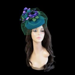 emerald hat fascinator, green wedding ,green purple fascinator