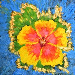 Original Floral Art Goldish Liliac Hand Made Oil Painting Impasto Artwork original 6 by 6 by NadyaLerm