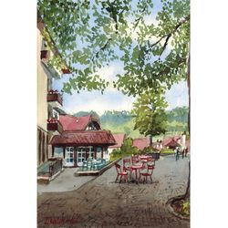 cafe in bern switzerland  cityscape. original watercolor painting 10.4x7''