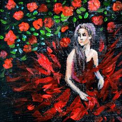Original Acrylic Hand Made Painting Dancer Girl in Rose Garden Original Painting Small Artwork 6 by 6 by NadyaLerm
