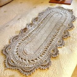 Small area oval Small Small jute rug. Lace crochet organic mat. Bohemian accent rug.Interior lace oval carpet.