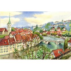Bern Cityscape Switzerland Aare River. Original watercolor painting 7x10.6''