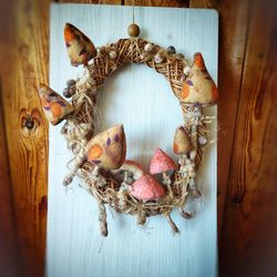 Vintage mushroom wreath. Textile mushroom ornament. Woodland toadstools & fly agaric fabric. Wall art mushroom rustic.