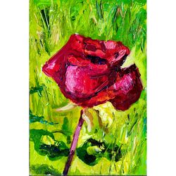 Rose Painting Red Flower Original Art Blooming Garden Painting Floral Oil Artwork Wall Art
