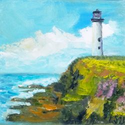 lighthouse painting seascape original art landscape artwork oil painting canvas size 8 by 8 inches lighthouse on canvas