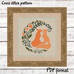 Fox Cross Stitch Pattern Modern, Foxes Cross stitch pattern PDF, Silhouette of foxes with leaf ornament
