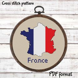 France Map Cross Stitch, French Flag Xstitch, Modern Cross Stitch Pattern, Easy Cross Stitch Picture