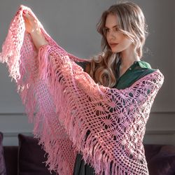 Crocheted shawl Hand knitted Pink with lurex. High-quality handmade.
