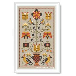 Fraktur Vase with Flowers and Birds Cross Stitch Pattern