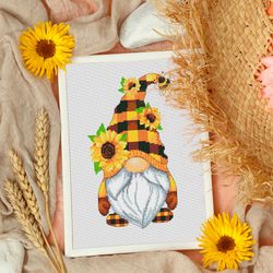 Gnome with sunflowers, Cross stitch pattern, Summer cross stitch, Counted cross stitch, Sunflowers cross stitch, Gnome c