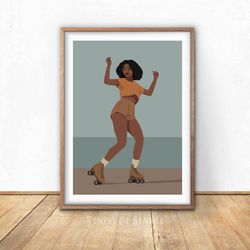 Black woman roller skater, PRINTABLE wall art in boho style, african american girl rides on roller skates, digital.