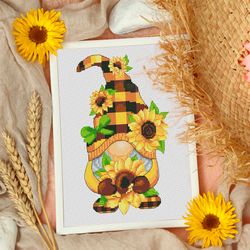 Girl with sunflowers, Cross stitch pattern, Gnome cross stitch, Cute cross stitch
