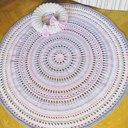 Round crochet lace mat. Pastel cotton handmade rug. Newbirn room decor mat