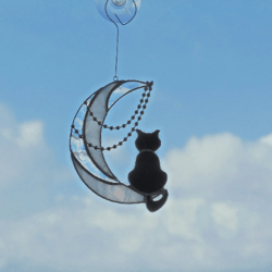 Black Cat On The Moon with Chains. Art stained glass window hanging Suncatcher. Gift for animal lover, pet loss memorial