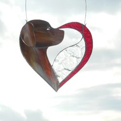 Dog Dark Brown Chocolate in Heart. Art stained glass window hanging Suncatcher. Gift for animal lover, pet loss memorial