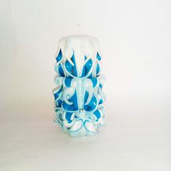 Blue candle. Gift for mom. Carved candle. Candle hand made