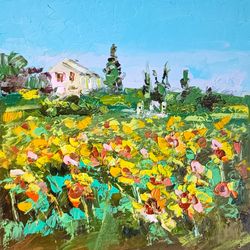 landscape painting sunflowers original art tuscany oil painting small wall art