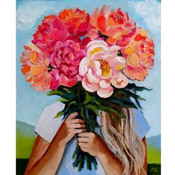 Peony Painting Bouquet Original Art Faceless portrait Floral Artwork Girl Wall Art