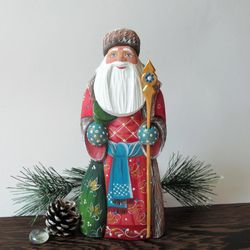 Wooden Russian Santa Claus, Santa with turquoise belt, 8 inches tall Hand carved figure