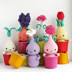 Crochet Patterns Set 6 in 1 Amigurumi Flower Colchicum, Hyacinth, Narcissus, Onion, Tulip, Onion Allium Bulb Doll,