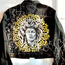 art to wear, hand painted denim jacket gorgon art, alternative clothing, custom clothing, wife of the party denim jacket