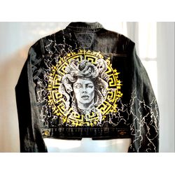 Art to wear, Hand Painted Denim jacket Gorgon art, alternative clothing, custom clothing, wife of the party denim jacket