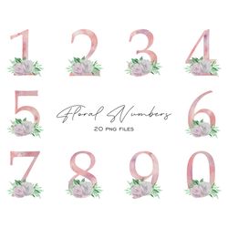 Watercolor floral number 0-9 pink digits with flowers