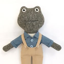 Green frog boy, wool stuffed doll, handmade plush toad