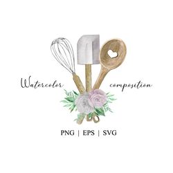 Watercolor floral bakery whisk logo design PNG