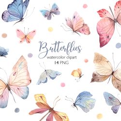Watercolor Pastel Butterflies and Moths clipart, Delicate pastel butterfly, Insect clip art