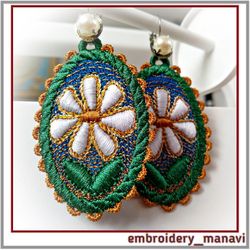 In The Hoop embroidery design oval FSL earrings with chamomile