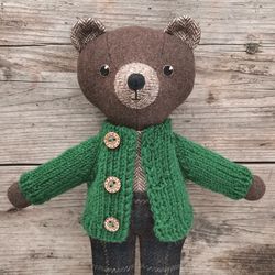 Brown bear boy, wool stuffed doll, handmade Teddy bear toy