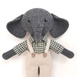 Gray elephant boy, handmade plush elephant, wool stuffed animal doll