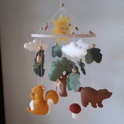 Mobile baby nursery decor woodland, forest baby mobile, crib mobile with forest animals, cot mobile, baby shower gift