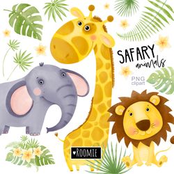 Safari animals watercolor kids clip art, Safari Baby Shower, Jungle Nursery printables, Tropical leaves, Wall Decor