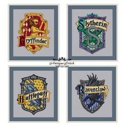 SET Crests Hogwarts House Cross Stitch Pattern PDF Modern Fantasy Cross Stitch Magic Young Wizard School