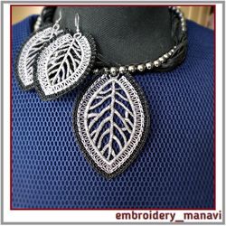 In the hoop FSL Embroidery design earrings pendant in a leaf 1