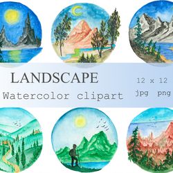 Watercolor clipart mountains ,travel Wall Art ,landscape Clipart Adventure, Camping Items,Watercolor clipart 24 PNG JPG.