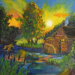 Original Oil Painting Old Mill Landscape Hand Made Impasto Medium Artwork 13x13 by NadyaLerm