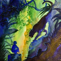 original hand made watercolor painting black panther medium artwork 11 by 9,5 by nadyalerm