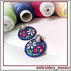 Round FSL earrings in flowers In the hoop Embroidery design