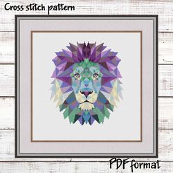 Geometric Lion cross stitch pattern modern, Geometric animals cross stitch chart PDF