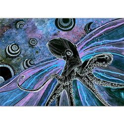 Octopus painting Futurism Original art Space wall art Black paper artwork Seaside watercolor by Rubinova