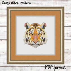 Geometric Tiger cross stitch pattern modern, Geometric animal cross stitch chart, Polygonal cross stitch pattern PDF