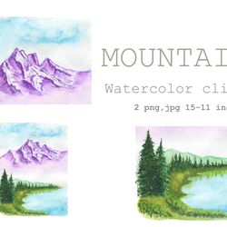Watercolor clipart mountains travel landscape PNG WALL ART. Adventure Clipart Hand-painted ,Watercolor Forest Clipart .