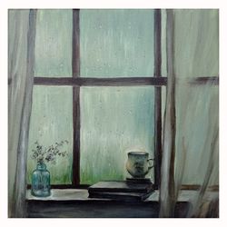 Rainy Day Painting Tea Cup Original Art Rain Painting Rain Drops Wall Art Window Small Oil On Canvas 8 by 8